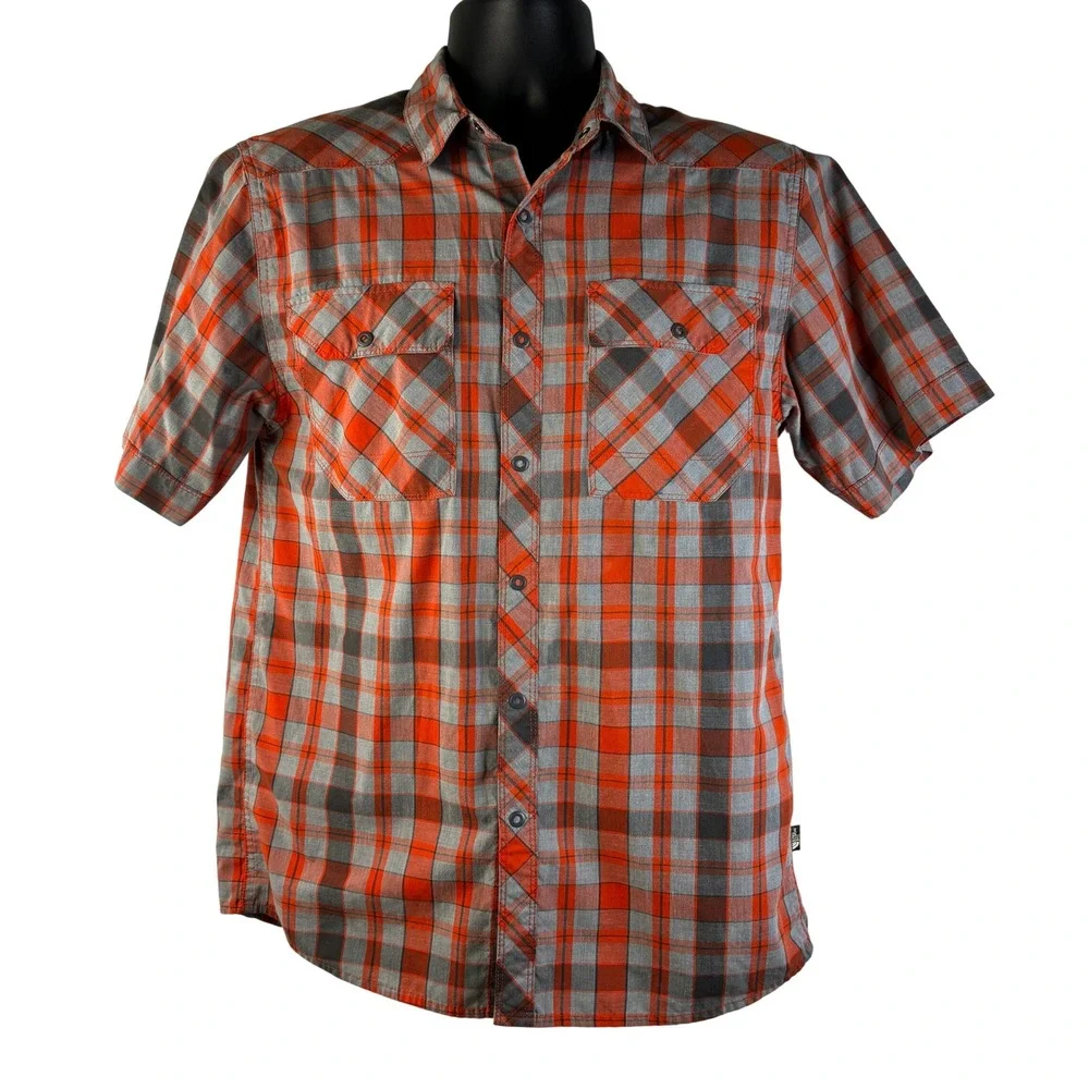 The North Face Men's Small Short Sleeve Plaid‎ Snap Front Western Shirt Orange